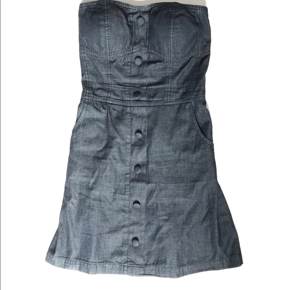 Denim Dress Mini Strapless with Button Front sz S - Picture 2 of 8